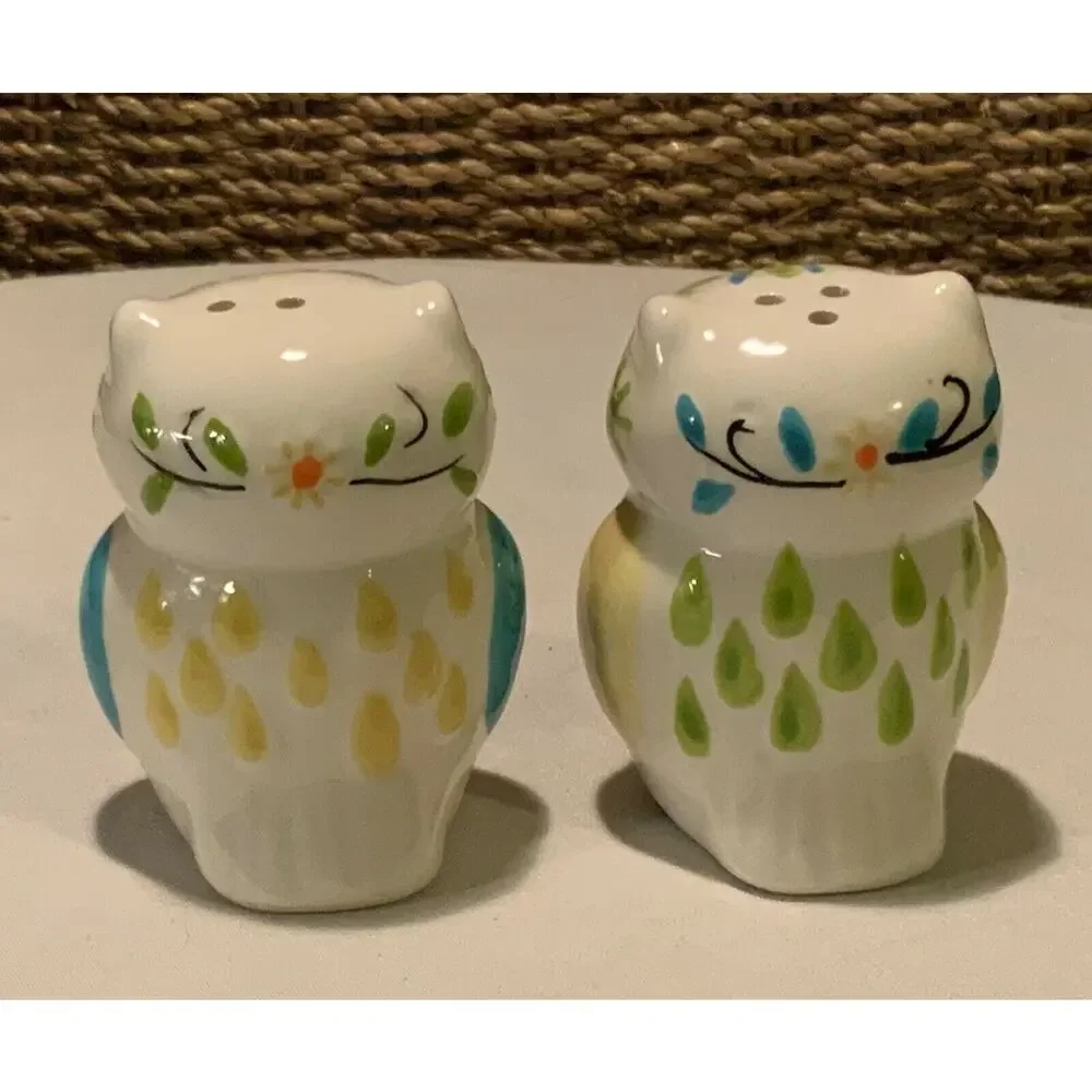 BOSTON WAREHOUSE Floral Owl Ceramic Salt & Pepper Shakers With Stoppers Deco UEC